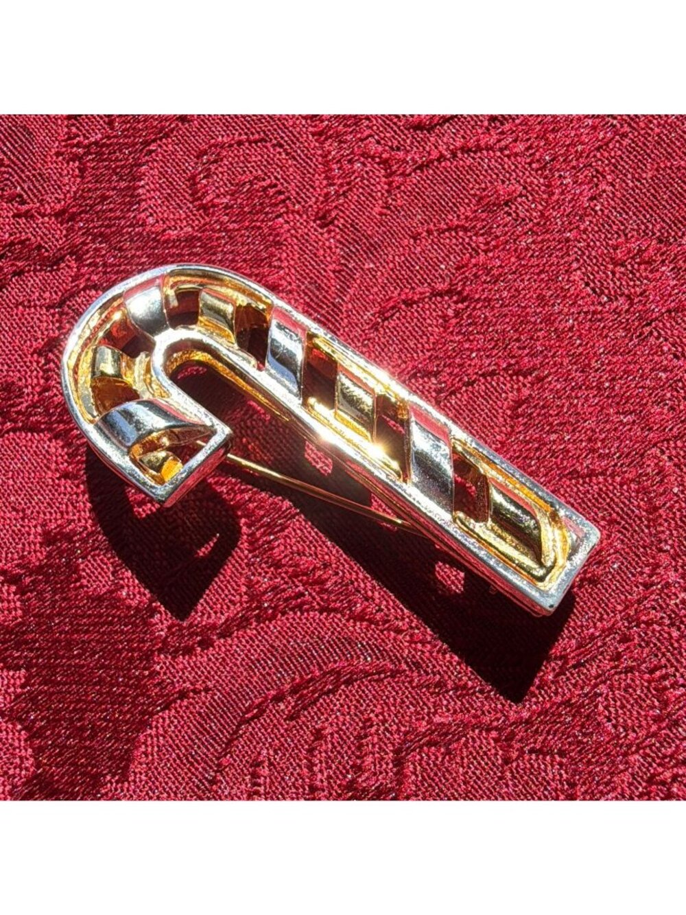 Vintage Two Tone Gold Silver Candy Cane Brooch Christmas Holiday Lapel Pin 2.25"
